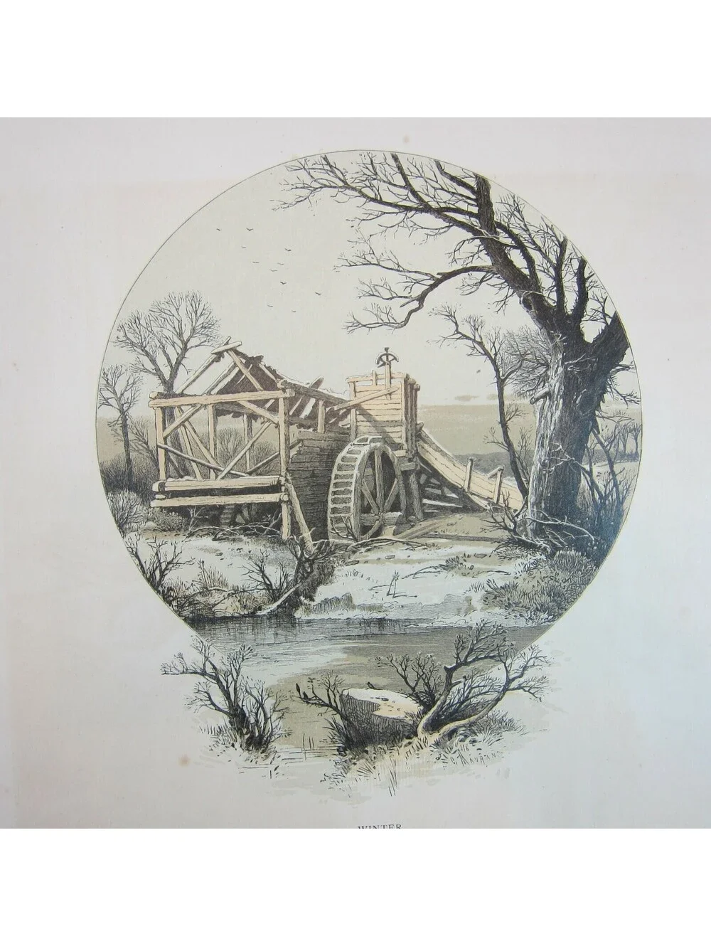 Antique 1870s Engraving Print from The Aldine Old Mill in Winter Scene & Poem
